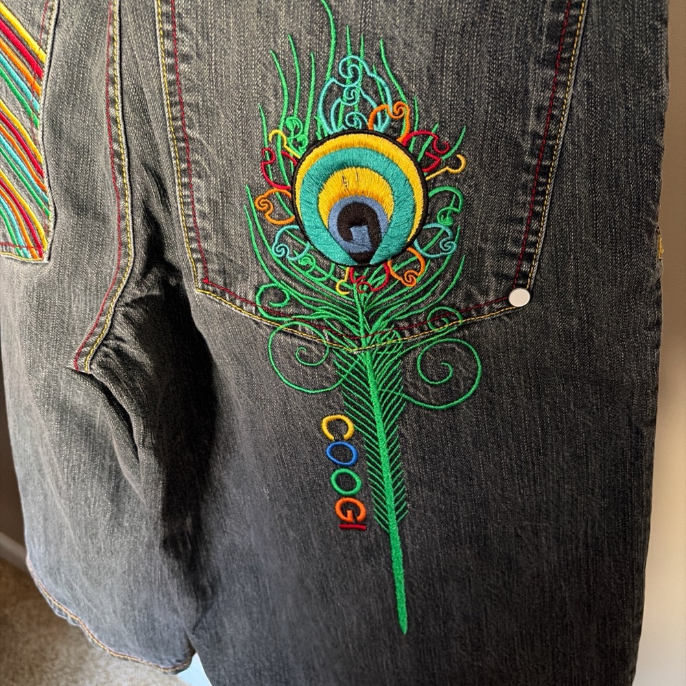 COOGI Y2K Vintage Authentic Black Denim Shorts with Multicolor Stitching Sz 36W - Picture 7 of 8